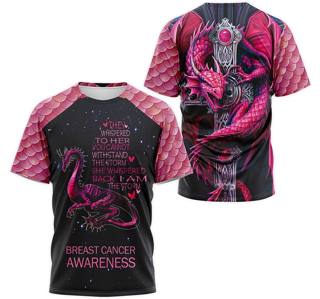 FUNSTUFFPRINT Personalized T-Shirt, Hoodie - Dragon Sword Breast Cancer Awaraness They Whispered To Her You Cannot Withstand The Storm 3D T-shirt