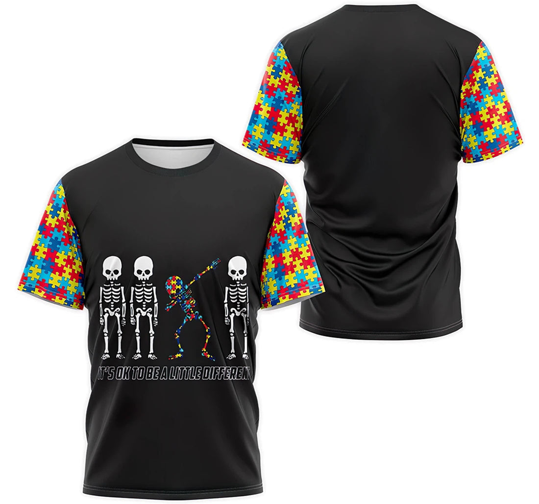 FUNSTUFFPRINT Personalized T-Shirt, Hoodie - Autism It's Ok To Be A Little Different Dabbing Skeleton 3D T-shirt