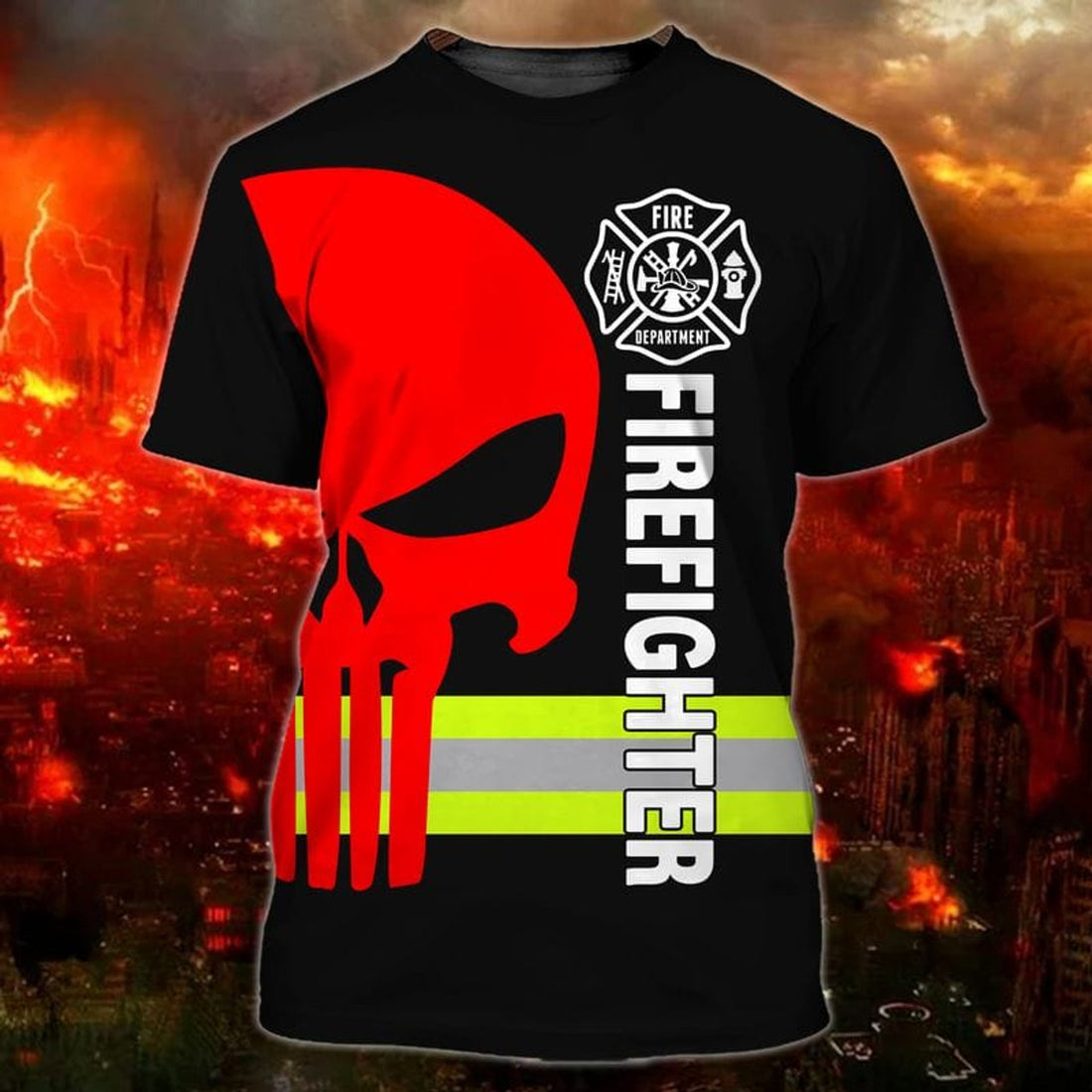 FUNSTUFFPRINT Black and Red Skull Firefighter Full Printed 3D Shirt, CoolesT-Shirt Gift for Firefighter 3D T-shirt
