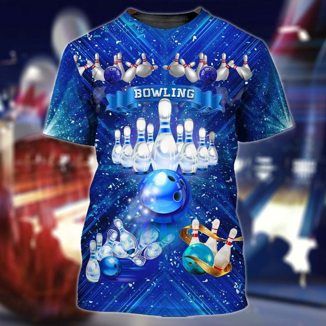 FUNSTUFFPRINT 3D Full Print Boom Bowling 3D T-Shirt, Blue Bowling Shirt For Bowling National Day 3D T-shirt