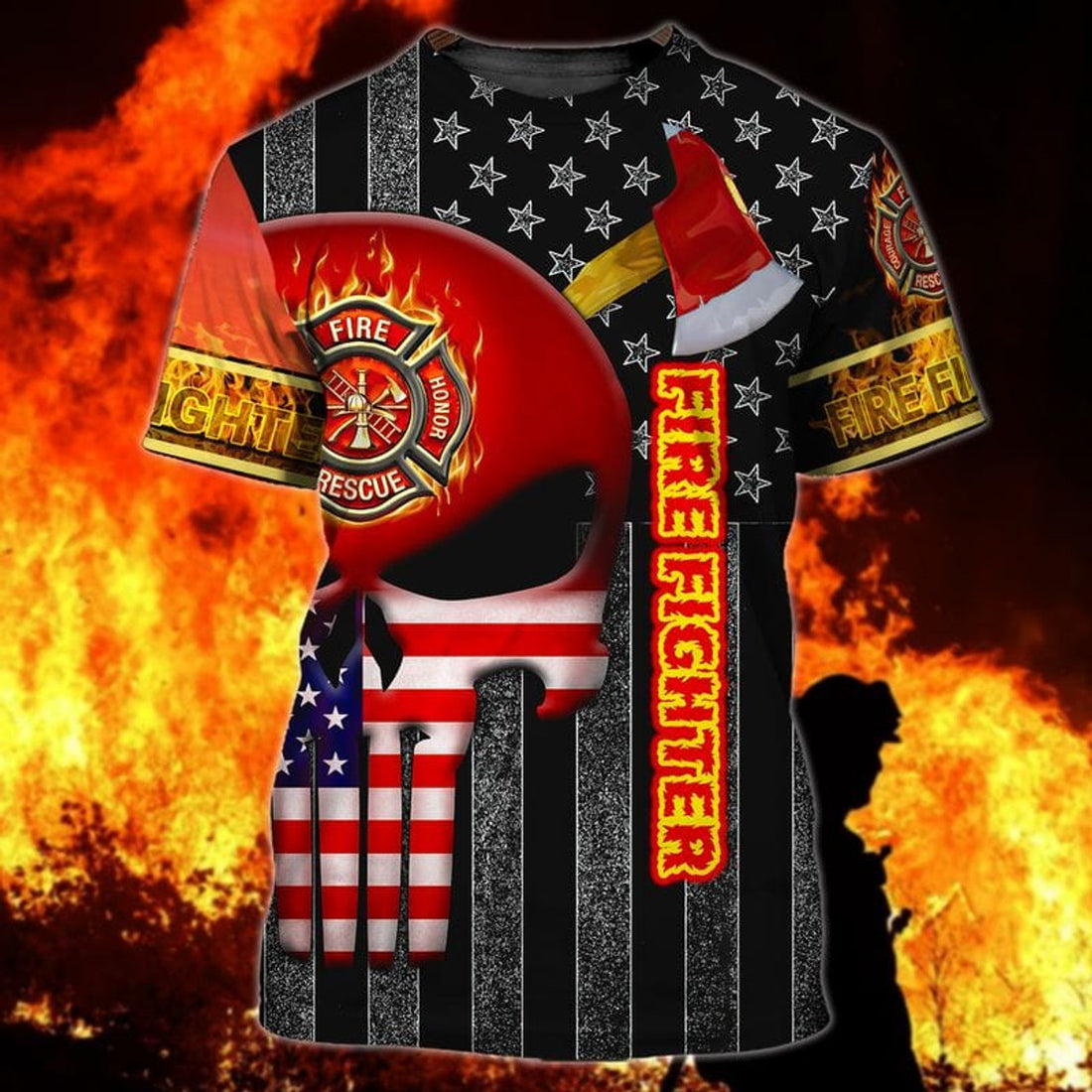 FUNSTUFFPRINT Skull Red American Flag Pattern Firefighter All Over Print 3D T-shirt