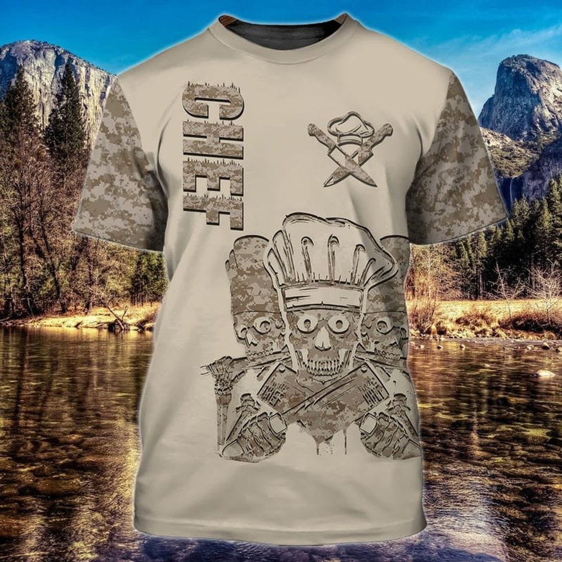FUNSTUFFPRINT Master Chef Skull Shirt, 3D All Over Print Skull Chef T-Shirt Camo Pattern, Best Gift For A Chef 3D T-shirt