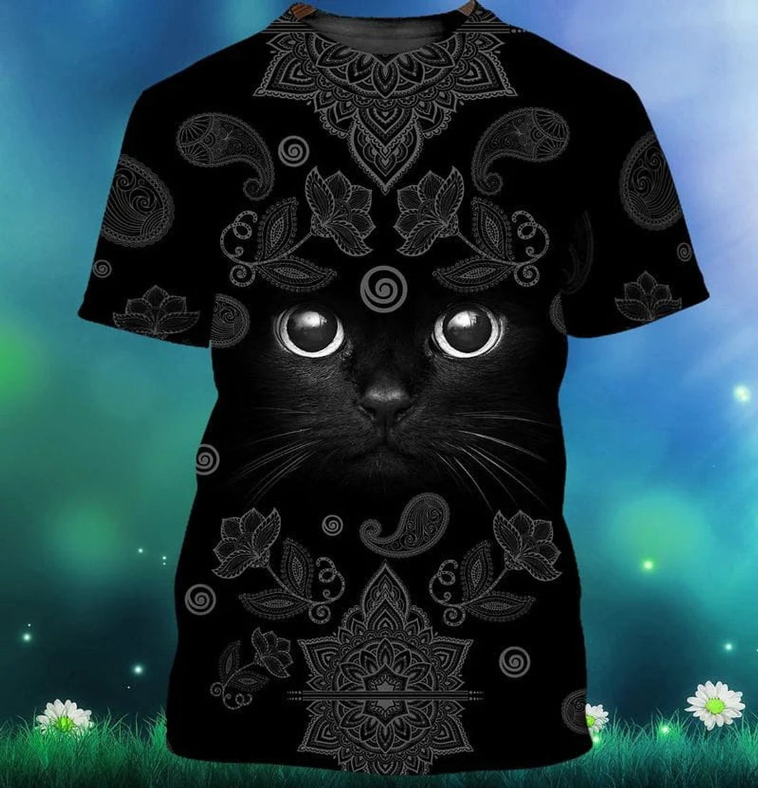 3D All Over Print Mitru Mandala Black CaT-Shirt, Black CaT-Shirts