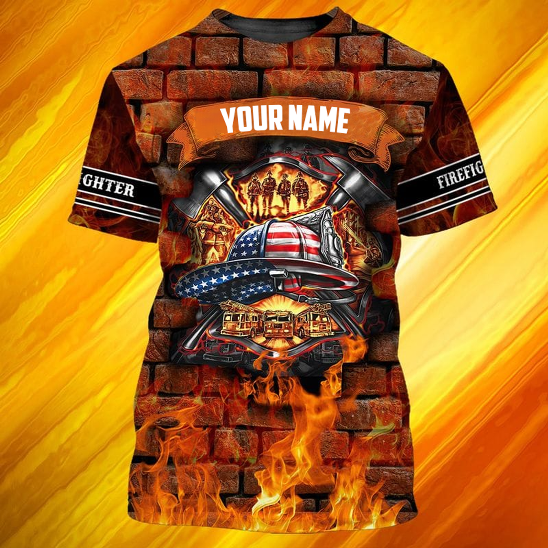 FUNSTUFFPRINT Custom Name Brick On Fire Firefighter 3D Shirt, Personalized Firefighter 3D T-shirt