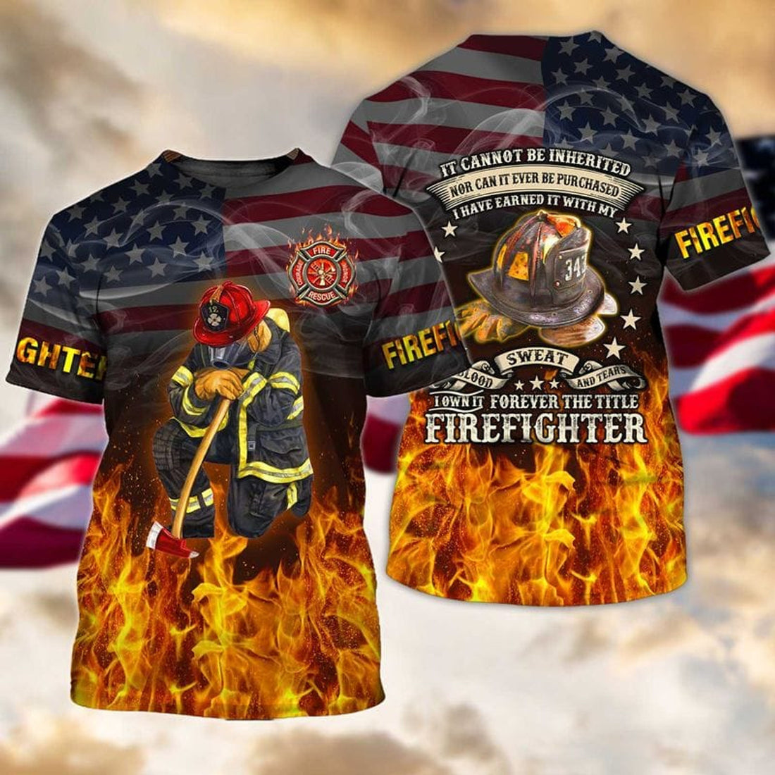 FUNSTUFFPRINT 3D All Over Printed US Firefighter T-Shirt, Smoke Fire and Flag Pattern, Firefighter Uniform Shirt 3D T-shirt