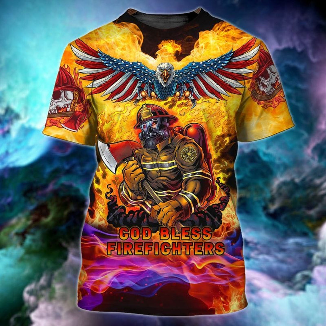 FUNSTUFFPRINT Firefighter God Bless Firefighter Skull 3D Printed Shirt, Idea Gift for Firefighter 3D T-shirt