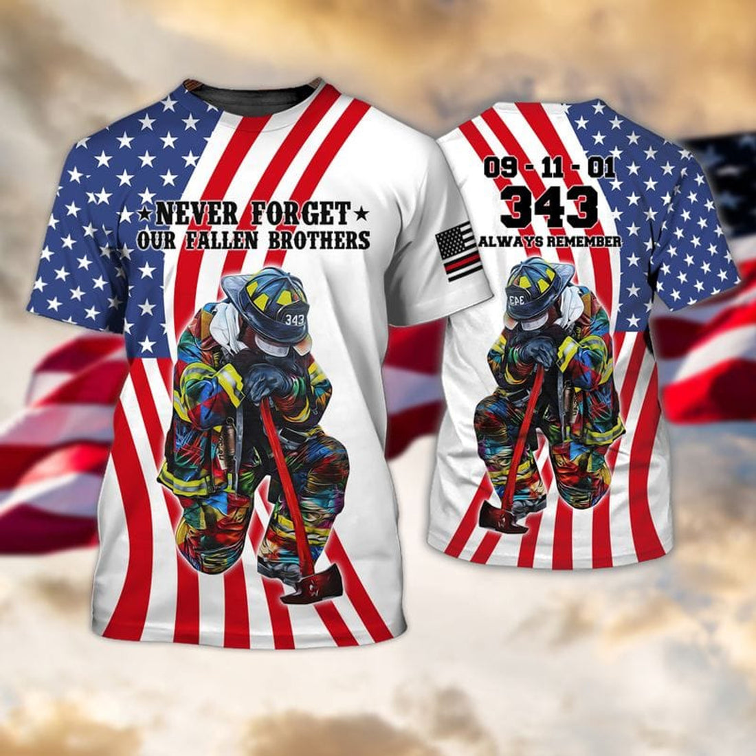FUNSTUFFPRINT Never Forget Our Fallen Brothers 343 Firefighters 3d All Over Full Print Firefighter Shirt 3D T-shirt