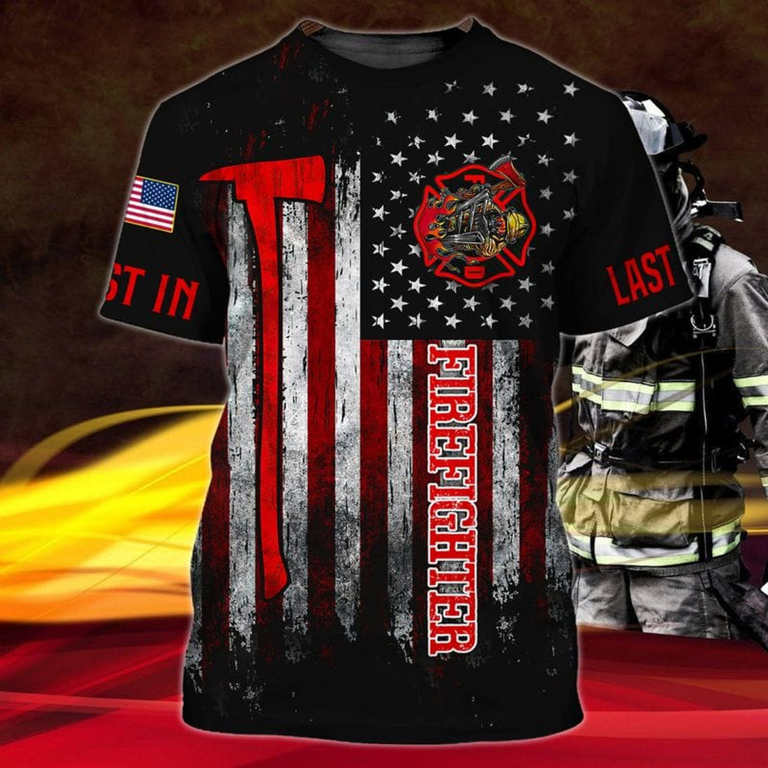 FUNSTUFFPRINT Firefighter First In Last Out Us 3D T-Shirt, Firefighter in My Heart With Red Axe Shirt 3D T-shirt