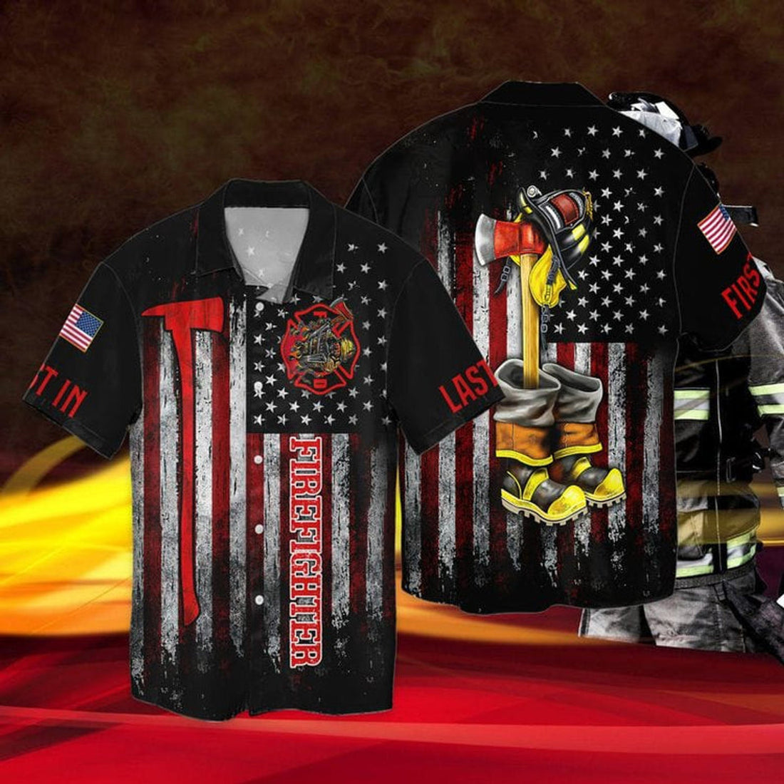 FUNSTUFFPRINT Firefighter First In Last Out Us 3D T-Shirt, Firefighter in My Heart With Red Axe Shirt 3D T-shirt