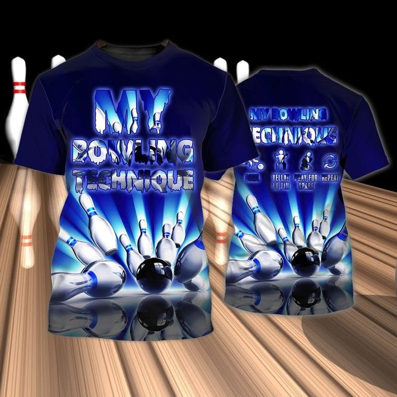 FUNSTUFFPRINT 3D All Over Print Bowling Game T-Shirt, Blue Shirt For Bowling Players 3D T-shirt