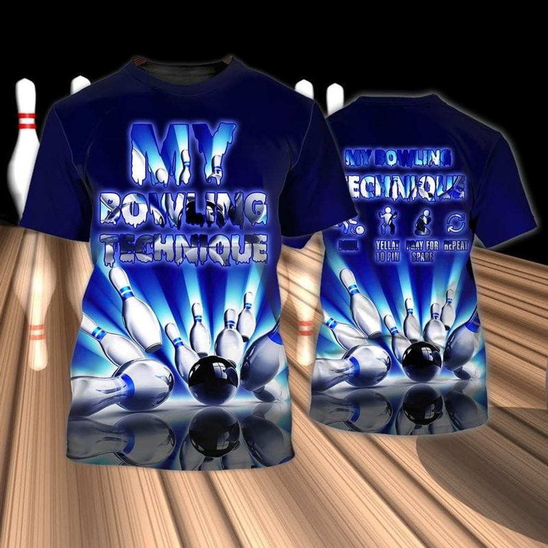 FUNSTUFFPRINT 3D All Over Print Bowling Game T-Shirt, Blue Shirt For Bowling Players 3D T-shirt