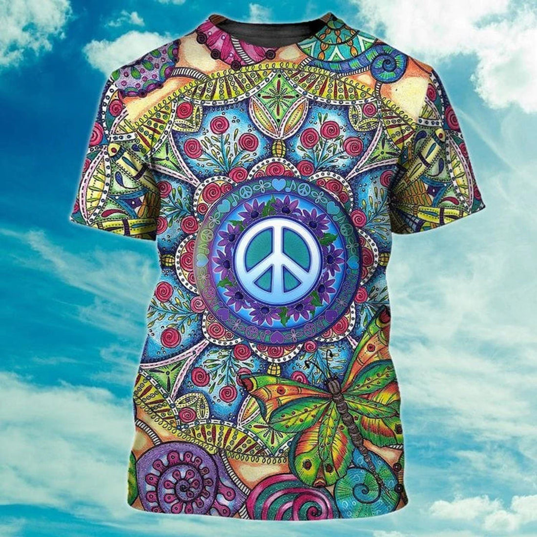 Sunflower Hippie Peace T-Shirt, Hipster Shirts, Vintage Hippie Shirt 3D All Over Print Peace Hippie Shirts