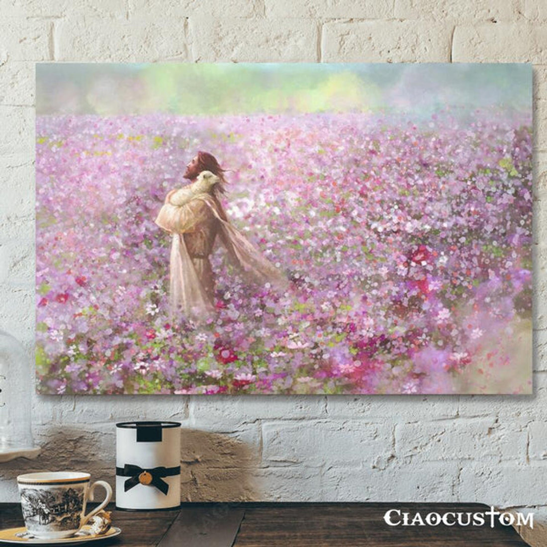 Jesus Holding A Lost Lamb On The Pink Flower Fields Wall Art - Jesus Canvas Poster - Christian Canvas Wall Art - Christian Gift 