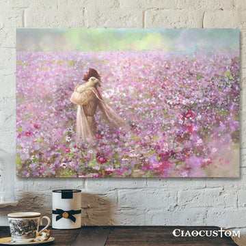 Jesus Holding A Lost Lamb On The Pink Flower Fields Wall Art - Jesus Canvas Poster - Christian Canvas Wall Art - Christian Gift 
