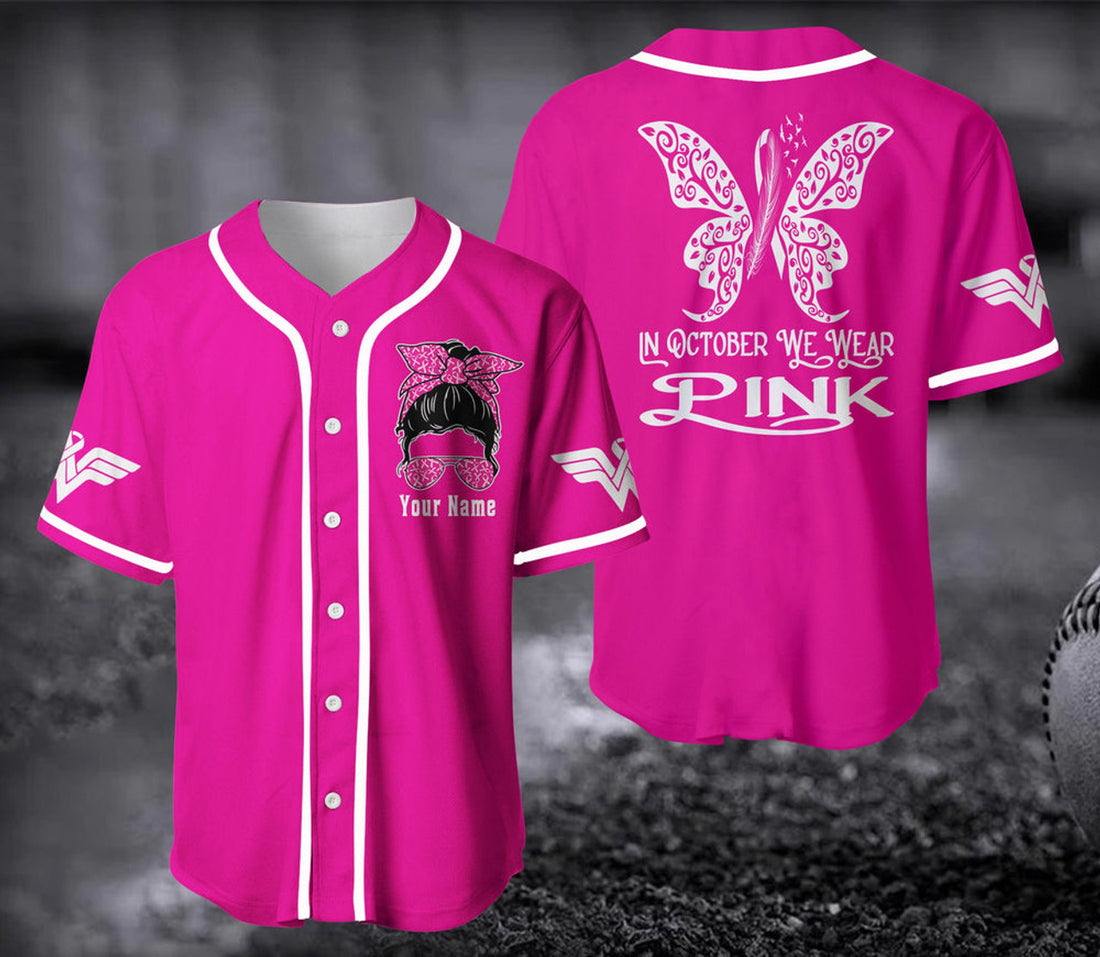 Custom Personalized Glitter Name Color Baseball Jersey For Breast Cancer Month
