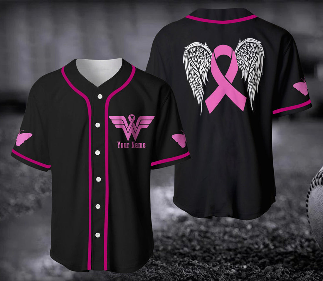 Custom Personalized Breast Cancer Team Name And Number Baseball Jersey, Custom Pink Ribbon Baseball Jersey Shirt For Breast Cancer Awareness Month