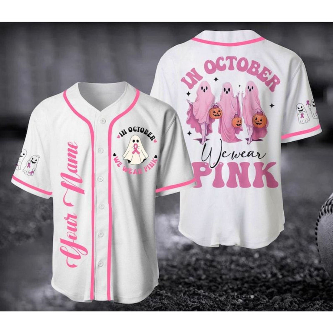 Custom In October We Wear Pink Baseball Jersey, Personalized Name Breast Cancer Awareness Shirt