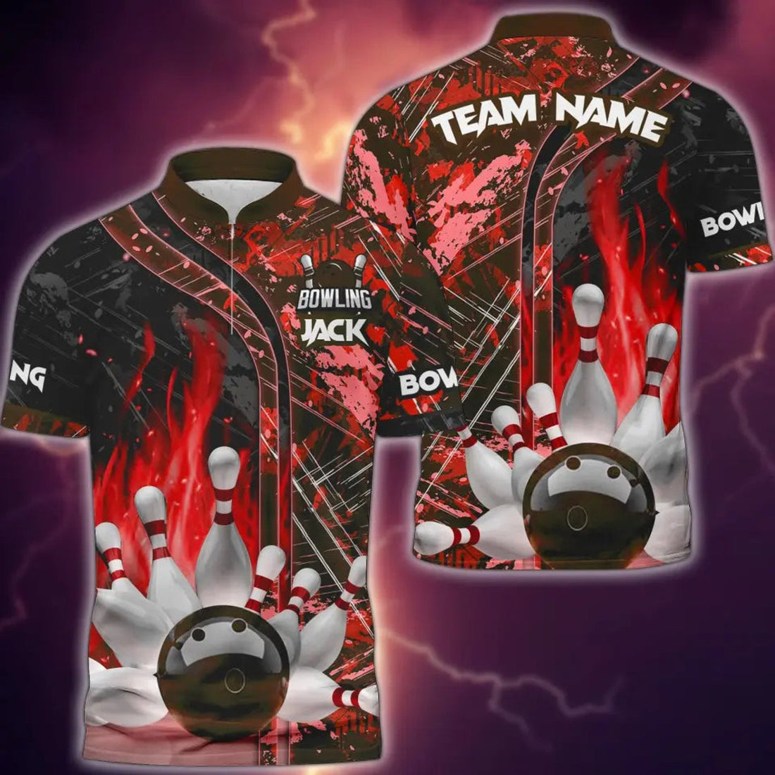 Custom Bowling And Pins Abstract Grunge Texture 2 Multicolor Option Customized Name Zipper Polo Shirt, Gift for Bowling