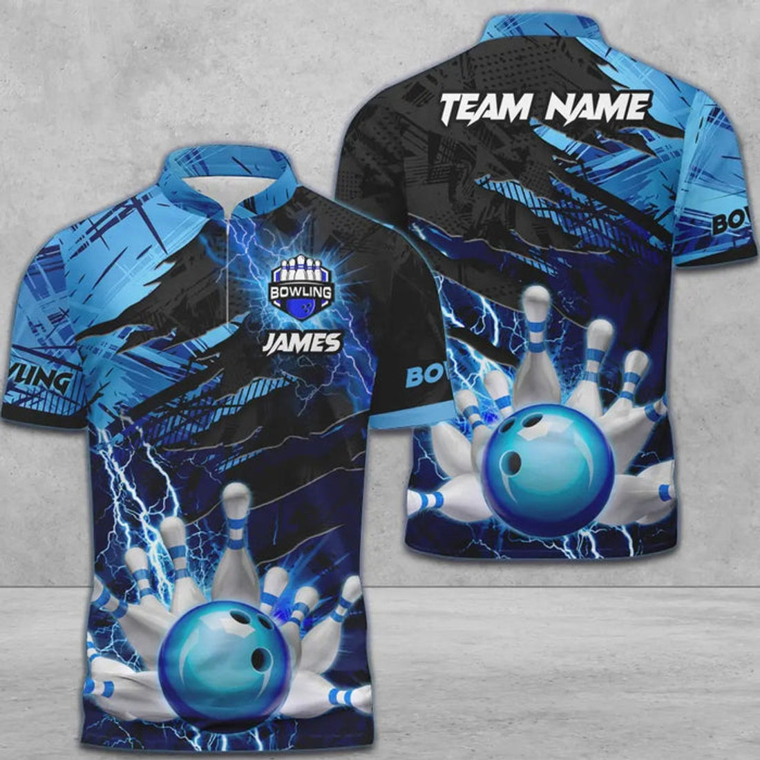Custom Multicolor Bowling And Pins Thunder Break Multicolor Option Customized Name Zipper Polo Shirt