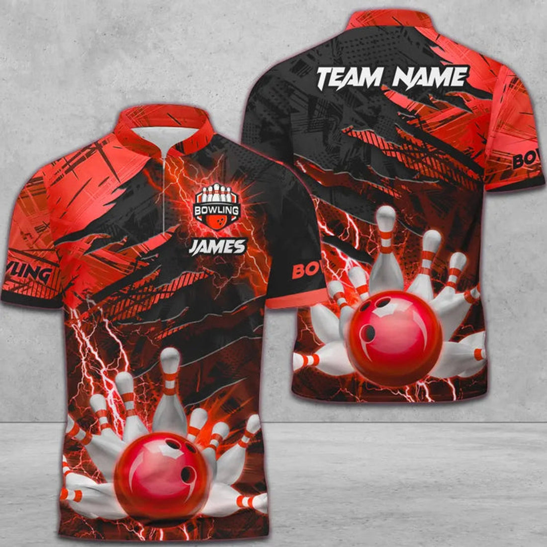 Custom Multicolor Bowling And Pins Thunder Break Multicolor Option Customized Name Zipper Polo Shirt