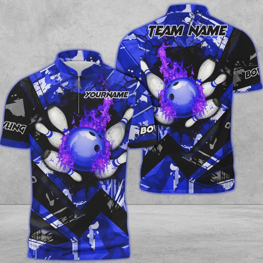 Custom Bowling And Pins Abstract Grunge Texture v3 Multicolor Option Customized Name Zipper Polo Shirt, Gift fot Bowler