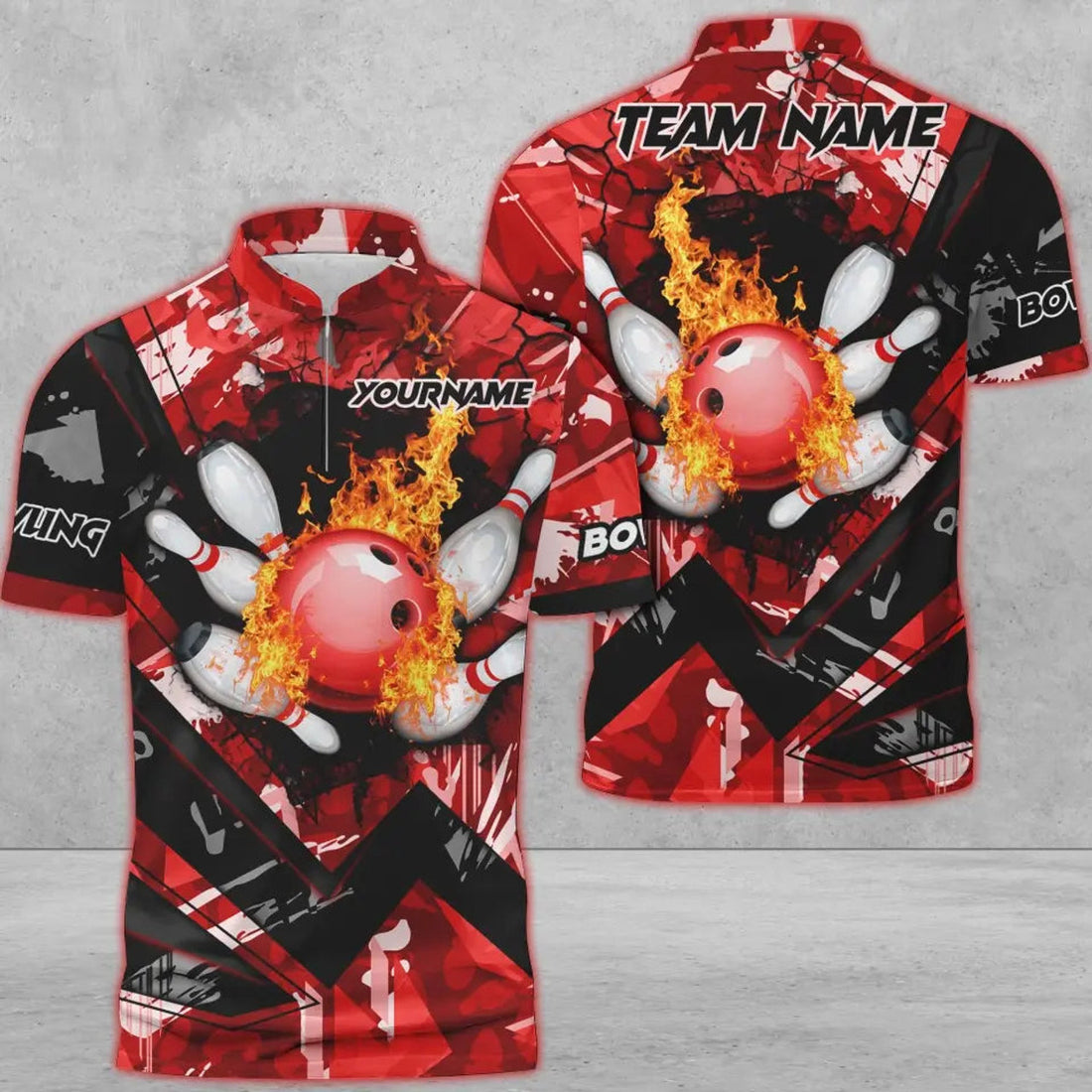 Custom Bowling And Pins Abstract Grunge Texture v3 Multicolor Option Customized Name Zipper Polo Shirt, Gift fot Bowler