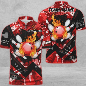 Custom Bowling And Pins Abstract Grunge Texture v3 Multicolor Option Customized Name Zipper Polo Shirt, Gift fot Bowler
