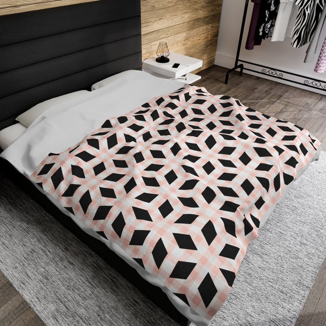 FUNSTUFFPRINT Pink Black Geometric Velveteen Plush Blanket