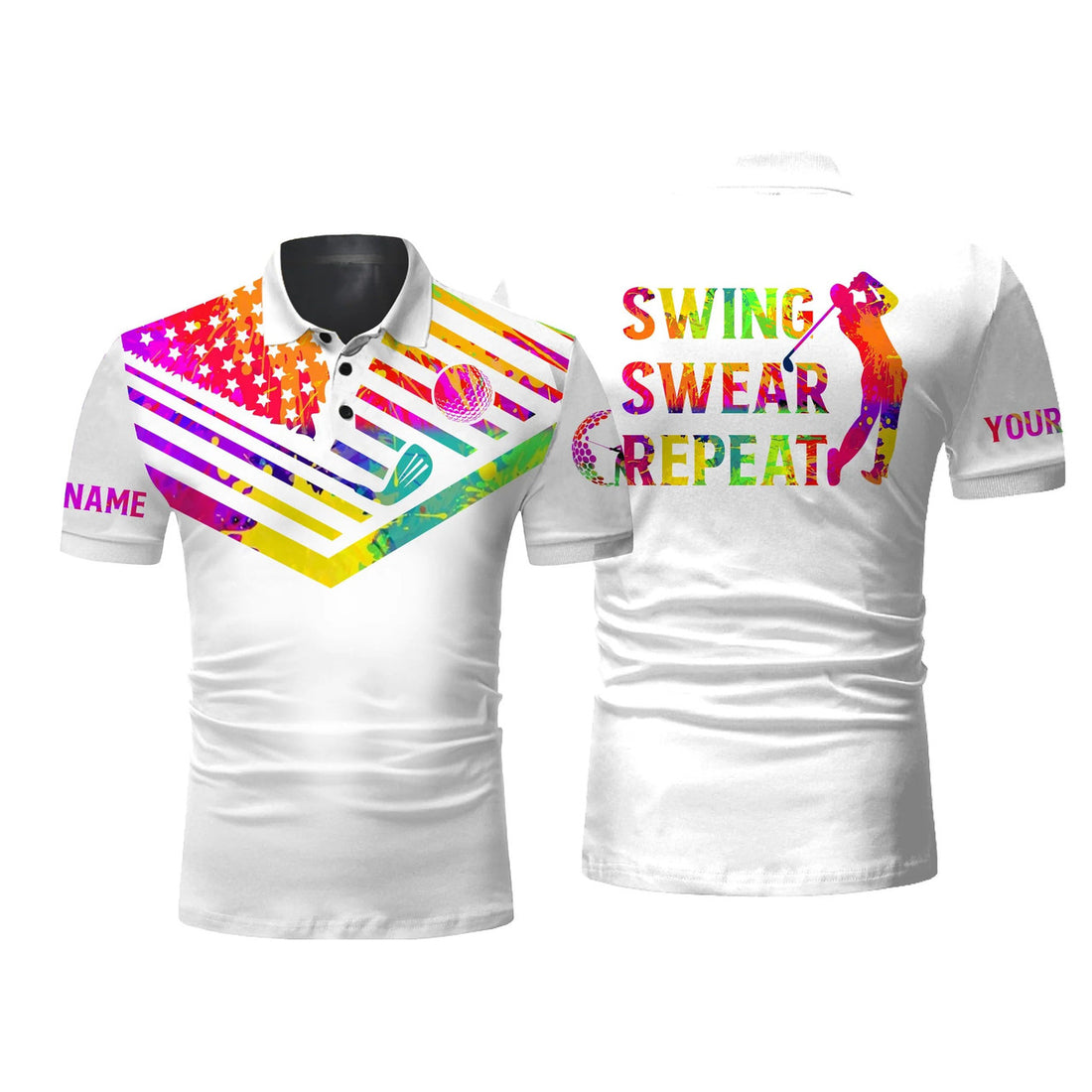 Custom Golf Men Polo Shirt - Custom Name Watercolor American Flag Multicolor Apparel - Personalized Sports Gift For Golf Lover, Male - Swing Swear Repeat