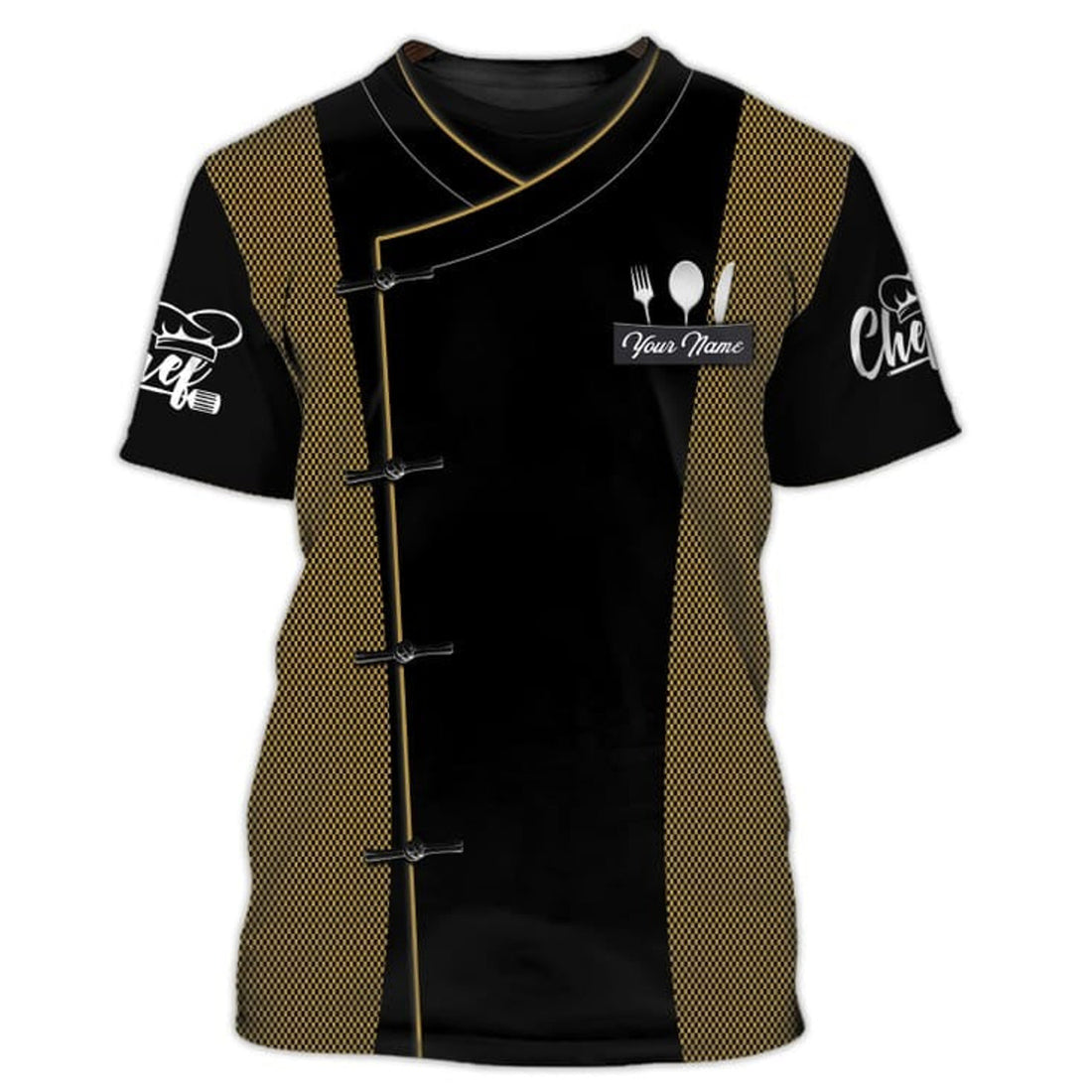 FUNSTUFFPRINT Knot Button Chef Coat 3D T-Shirt, Custom Name Chef Shirt 3D T-shirt