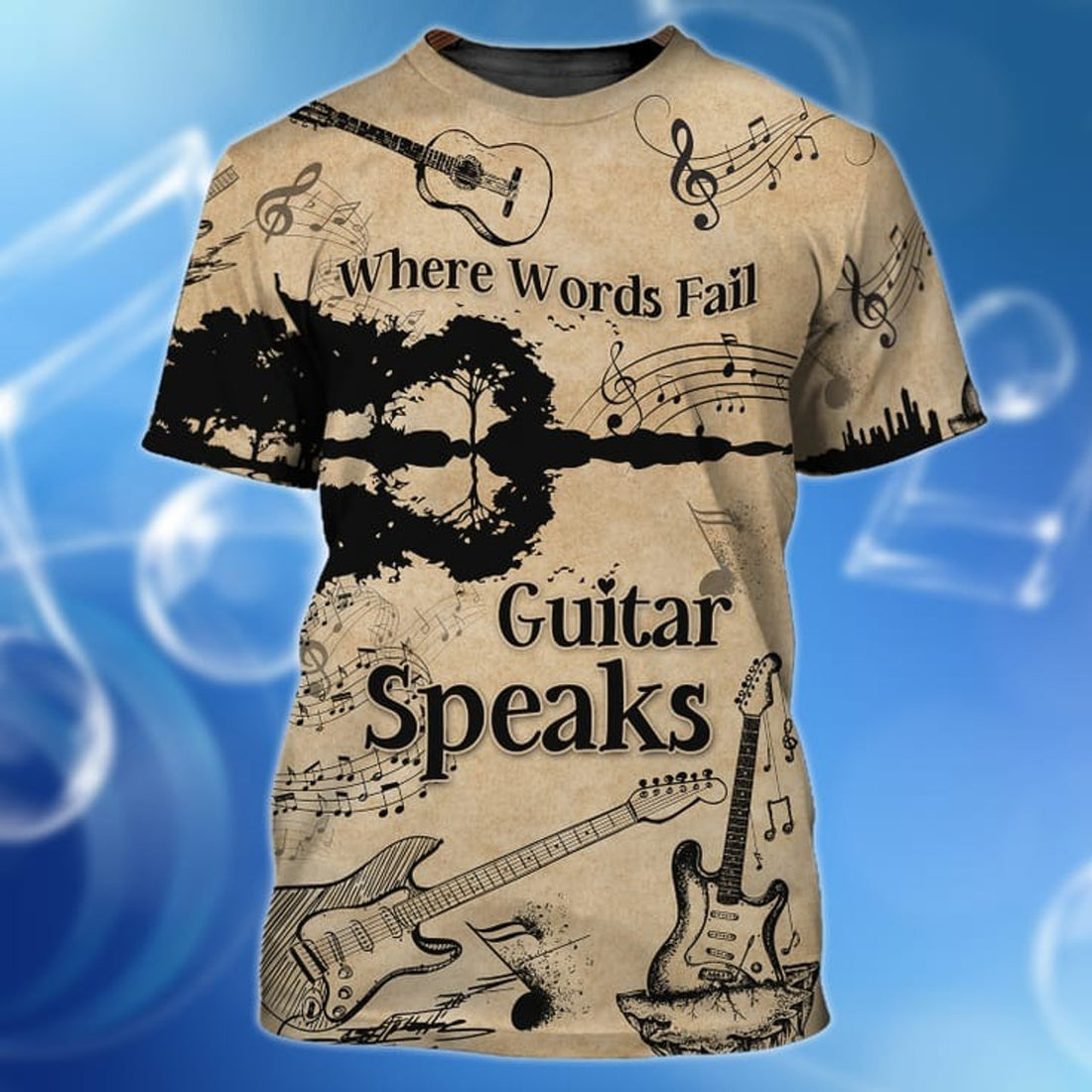 FUNSTUFFPRINT 3D Guitar T-Shirt, Where Words Fail Guitar Speak, Guitar Lover Shirt, Guitarist 3D T-shirt