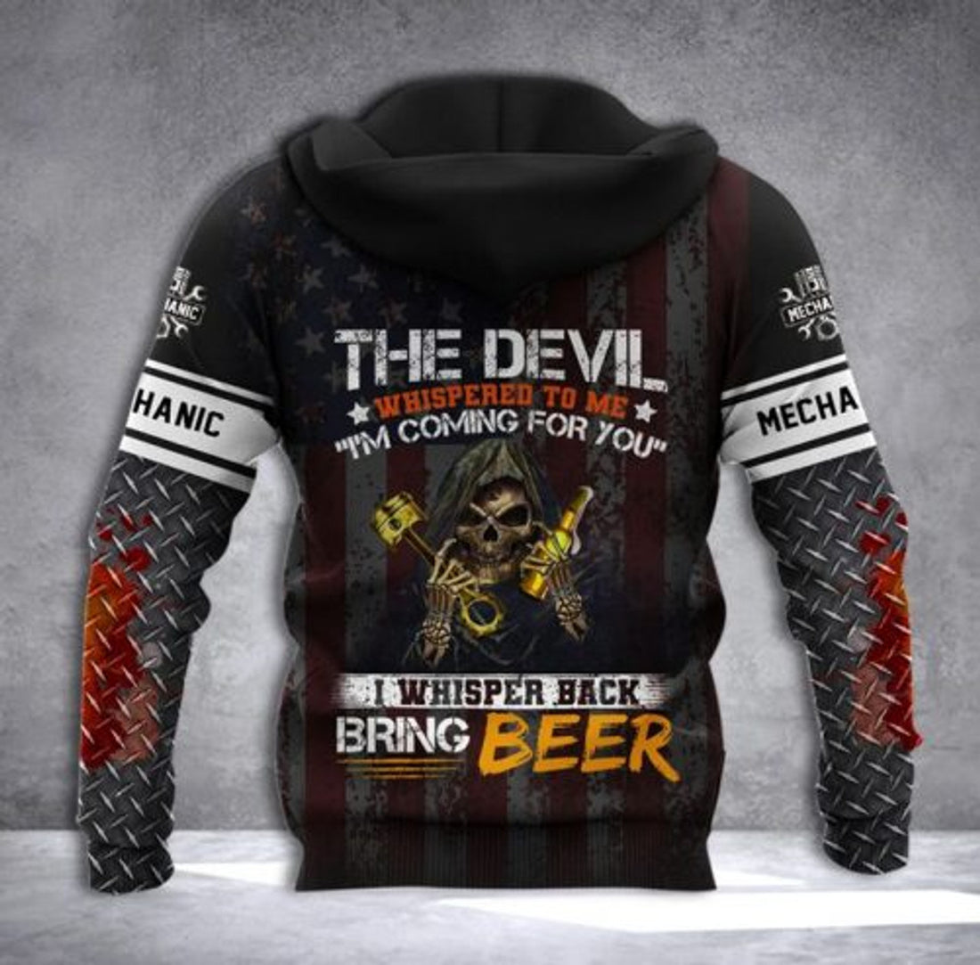 FUNSTUFFPRINT Mechanic 3D Hoodie The Devil Whispered To Me Im Coming For You I Whisper Back Bring Beer 3D Hoodie and Zip Hoodie