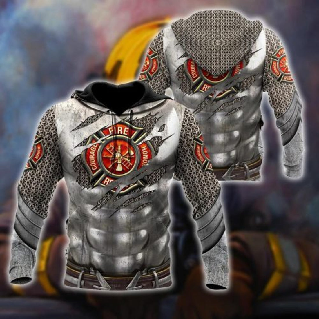 FUNSTUFFPRINT Firefighter 3D Hoodie Armor Firefighter 3D Hoodie and Zip Hoodie