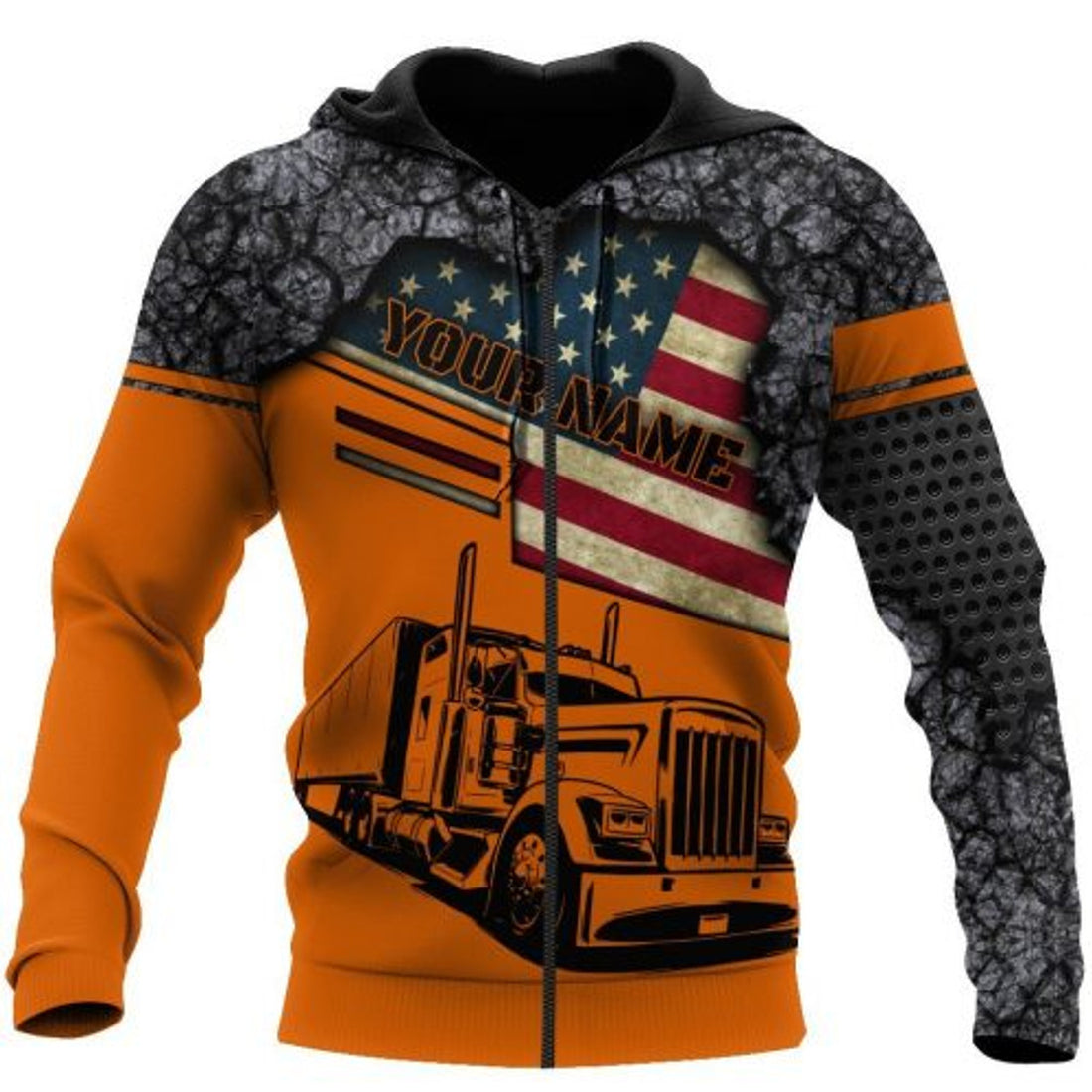 FUNSTUFFPRINT Personalized Trucker 3D Hoodie American Flag Orange 3D Hoodie and Zip Hoodie