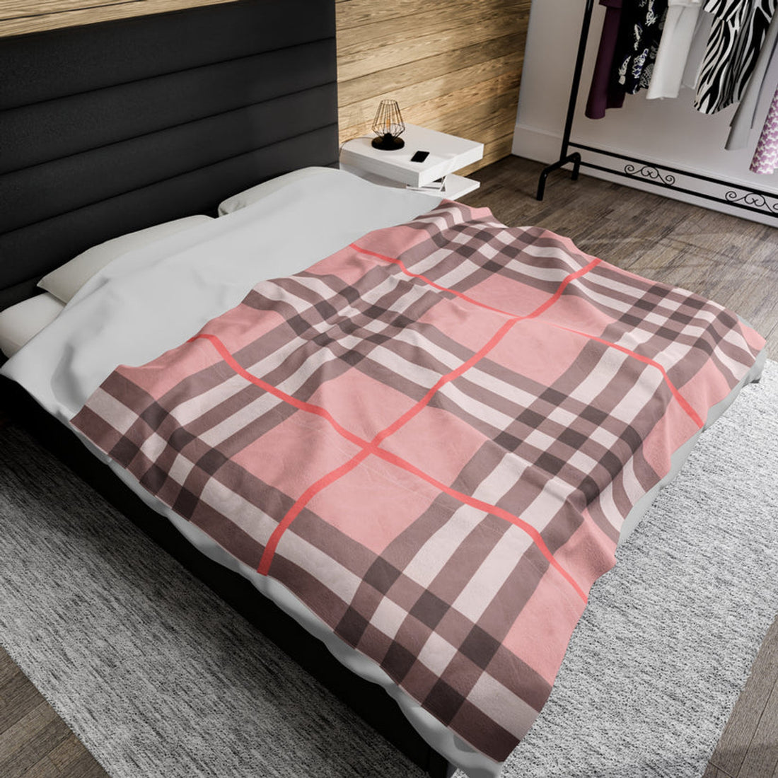 FUNSTUFFPRINT Pink Plaid Velveteen Plush Blanket