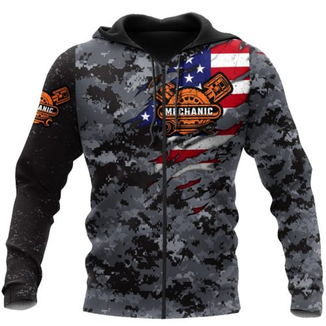 FUNSTUFFPRINT Mechanic Camo 3D Hoodie American Flag Black 3D Hoodie and Zip Hoodie