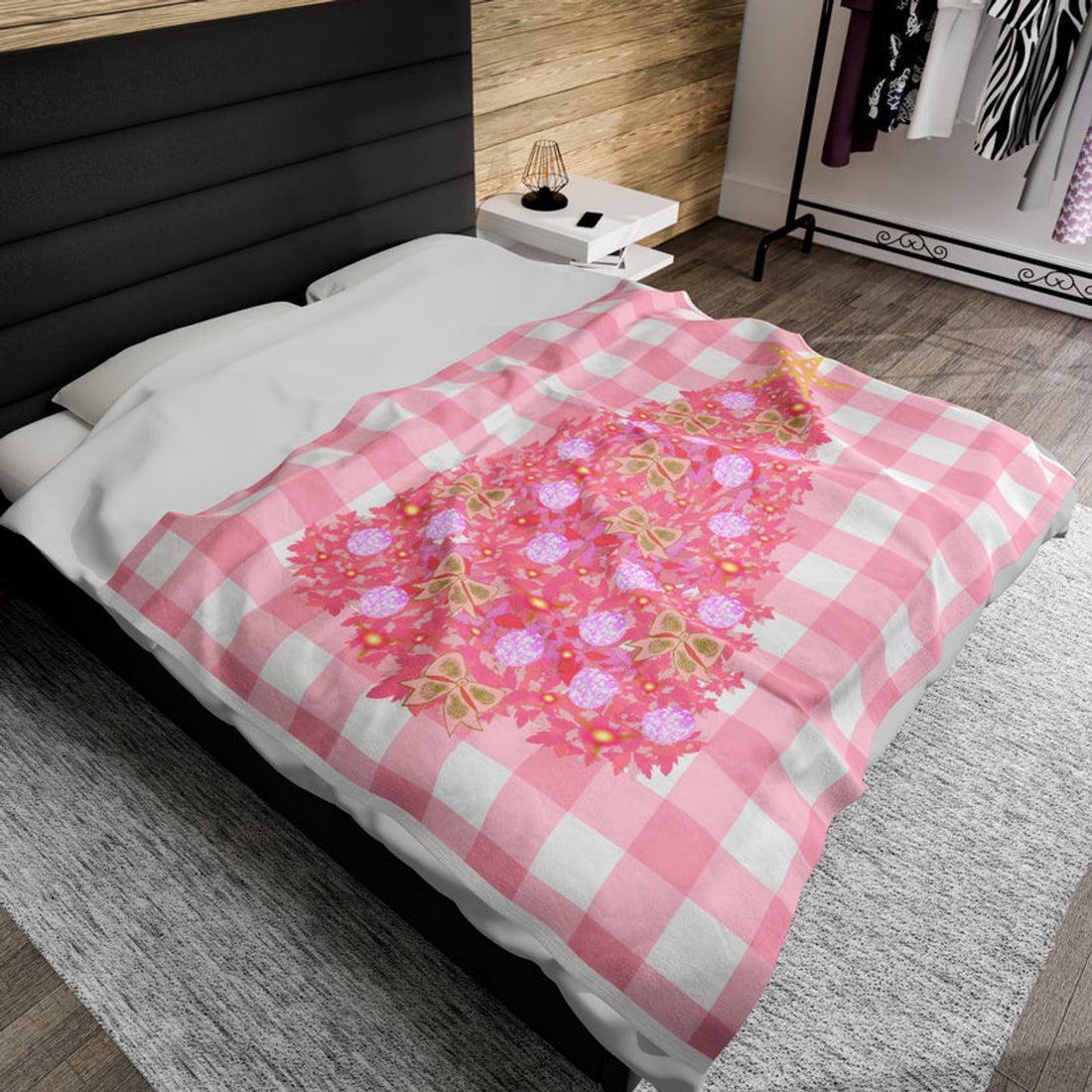 FUNSTUFFPRINT Pink Plaid Tree Velveteen Plush Blanket