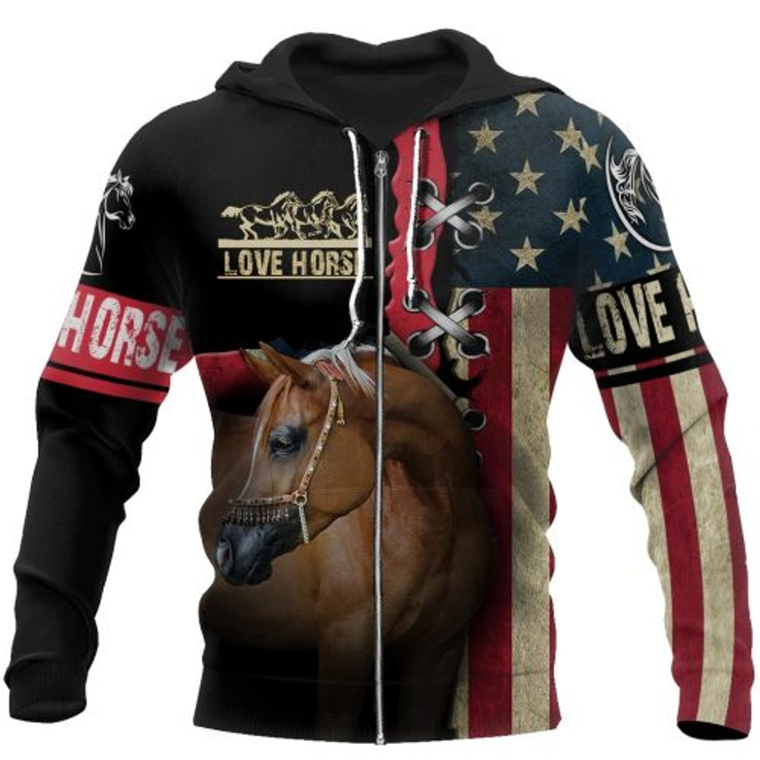 FUNSTUFFPRINT Horse 3D Hoodie American Flag Love Horse 3D Hoodie and Zip Hoodie