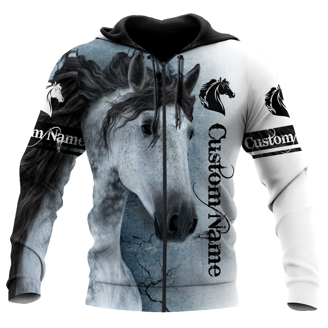 FUNSTUFFPRINT Pesonalized Horse 3D Hoodie For Men And Women White Horse 3D Hoodie and Zip Hoodie
