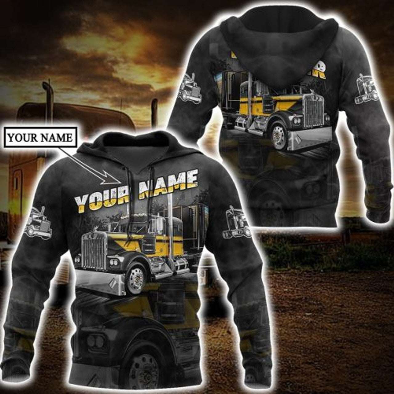 FUNSTUFFPRINT Personalized Trucker 3D Hoodie For Men Yellow Truck 3D Hoodie and Zip Hoodie