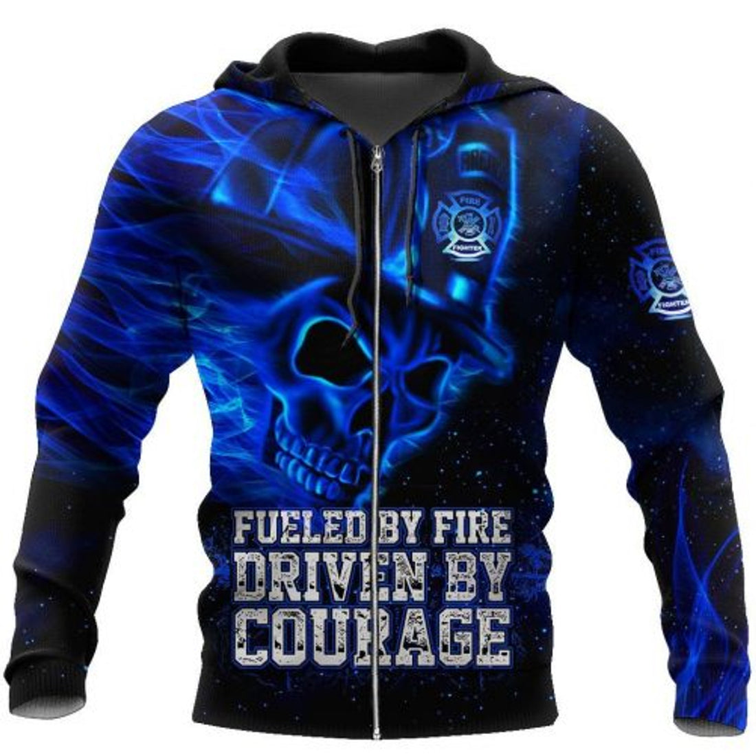 FUNSTUFFPRINT Firefighter 3D Hoodie Blue Skull Fueled By Fire Driven By Courage 3D Hoodie and Zip Hoodie