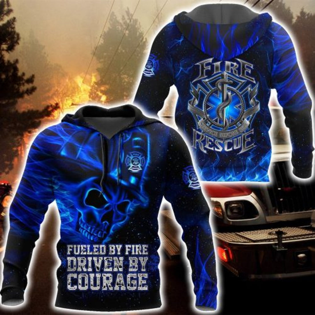 FUNSTUFFPRINT Firefighter 3D Hoodie Blue Skull Fueled By Fire Driven By Courage 3D Hoodie and Zip Hoodie