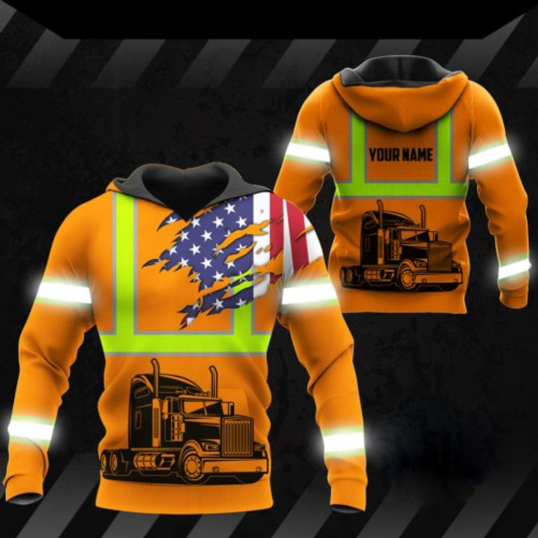 FUNSTUFFPRINT Personalized Trucker 3D Hoodie For Men And Women American Flag Orange 3D Hoodie and Zip Hoodie