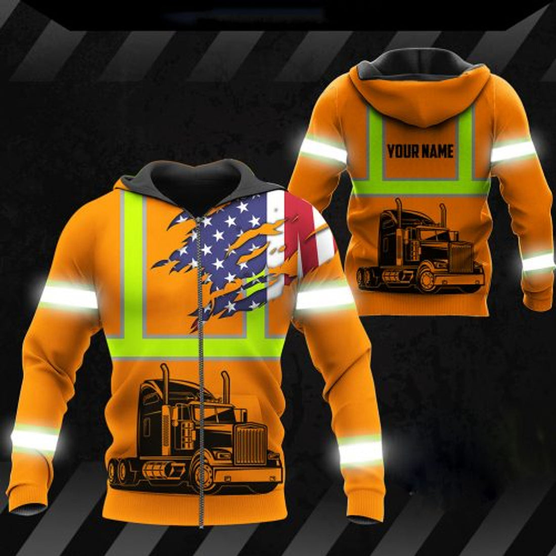 FUNSTUFFPRINT Personalized Trucker 3D Hoodie For Men And Women American Flag Orange 3D Hoodie and Zip Hoodie