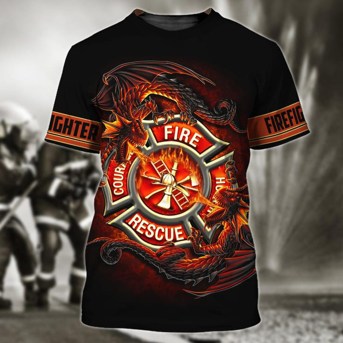 FUNSTUFFPRINT Firefighter Dragon All Over Print For Men & Women 3D Shirt, Proud of Firefighter 3D T-shirt