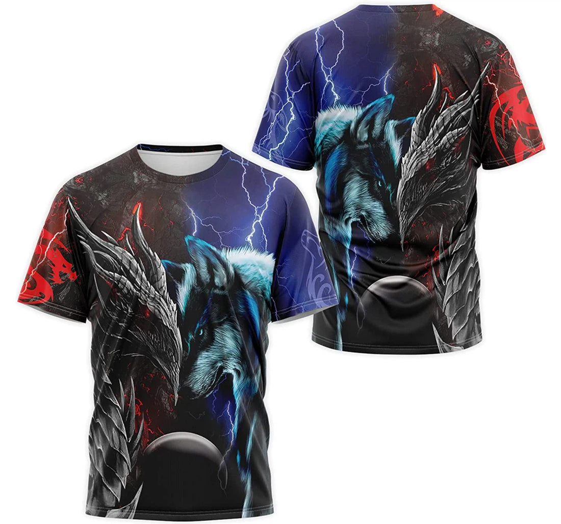 FUNSTUFFPRINT Personalized T-Shirt, Hoodie - Thunder Blue Wolf Fire Dragon 3D T-shirt