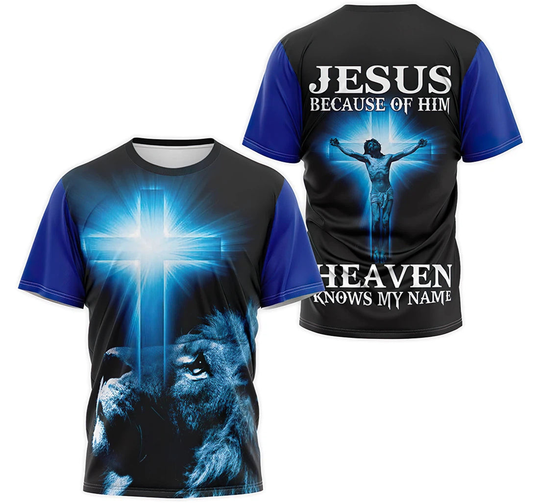 FUNSTUFFPRINT T-Shirt, Hoodie - Custom Name Blue Lion Christian Jesus Because Of Him Heaven Knows My Name 3D T-shirt