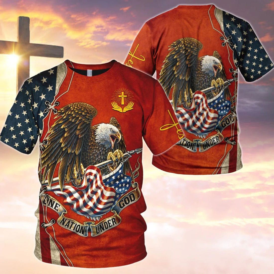 FUNSTUFFPRINT One Nation Under God Eagle American Flag All Over PrinT-Shirt 3D American Eagle Hoodie 3D T-shirt