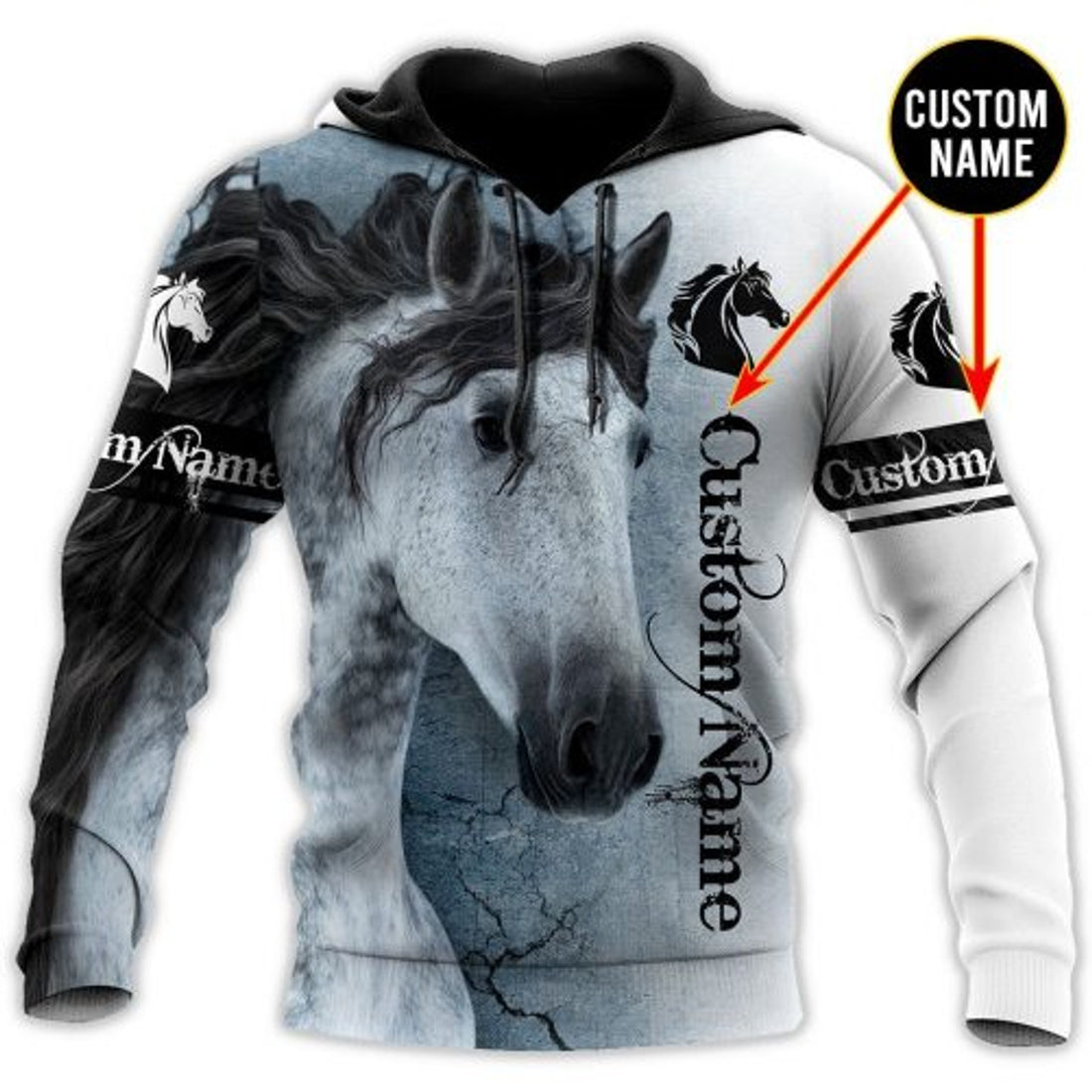 FUNSTUFFPRINT Pesonalized Horse 3D Hoodie For Men And Women White Horse 3D Hoodie and Zip Hoodie