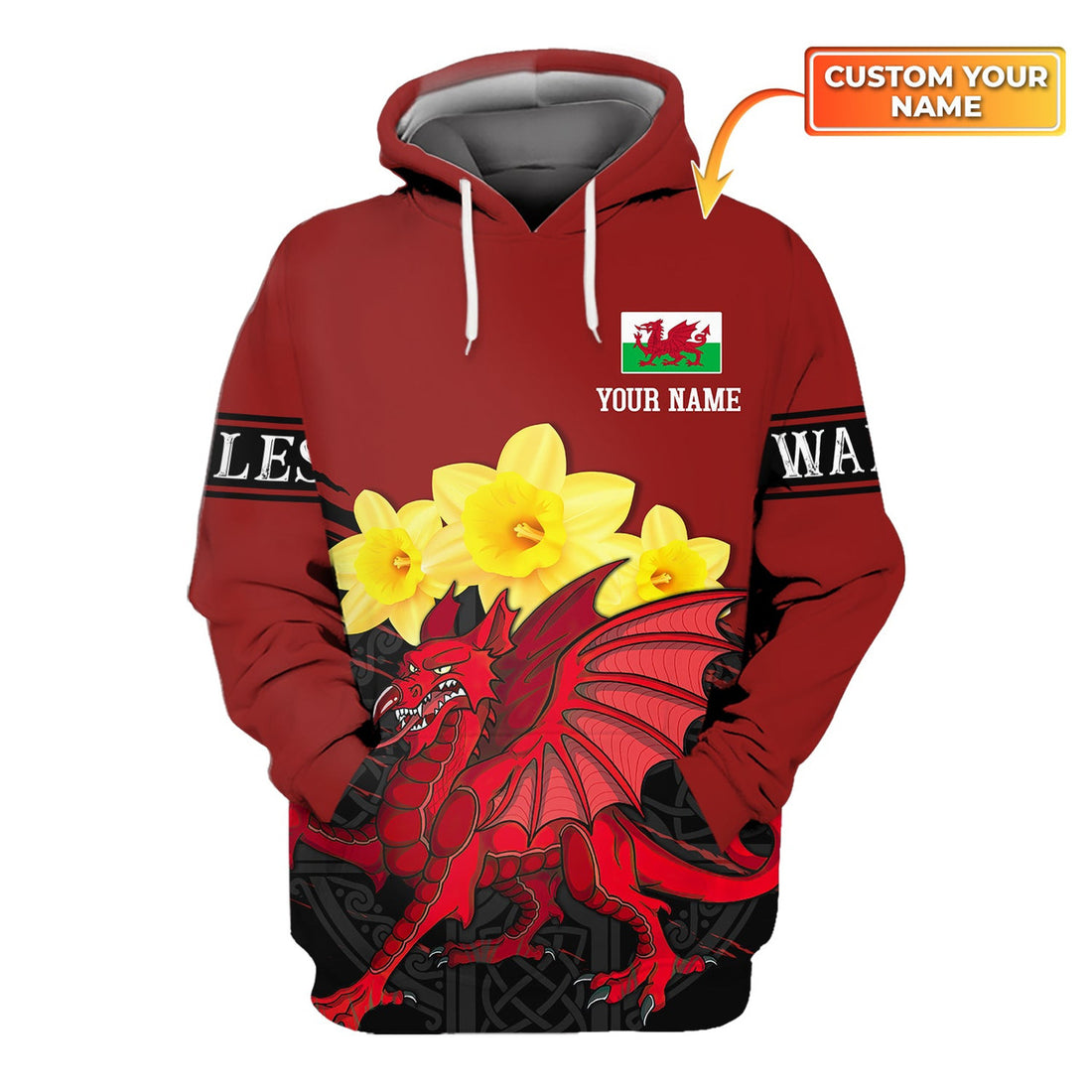 FUNSTUFFPRINT Wales - Cymru- Personalized Name 3D Hoodie and Zip Hoodie